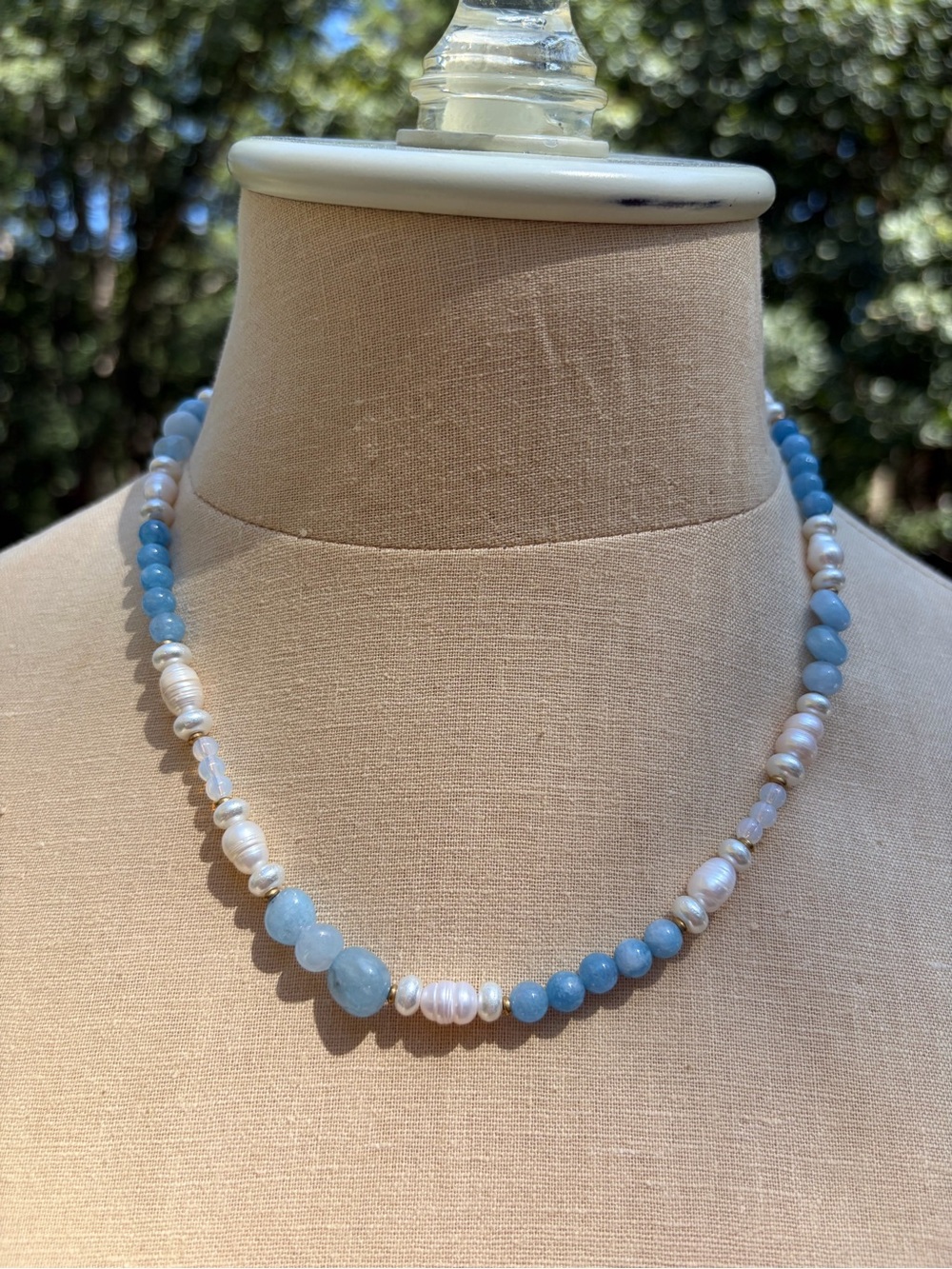 N13 Handmade Aquamarine Blue Jade Opalite Gemstone Beaded Necklace with Pearls